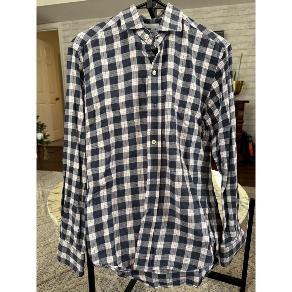 Ledbury Fine Shirting Slim Fit White Blue Plaid Cotton Dress Shirt Men Size 15.5